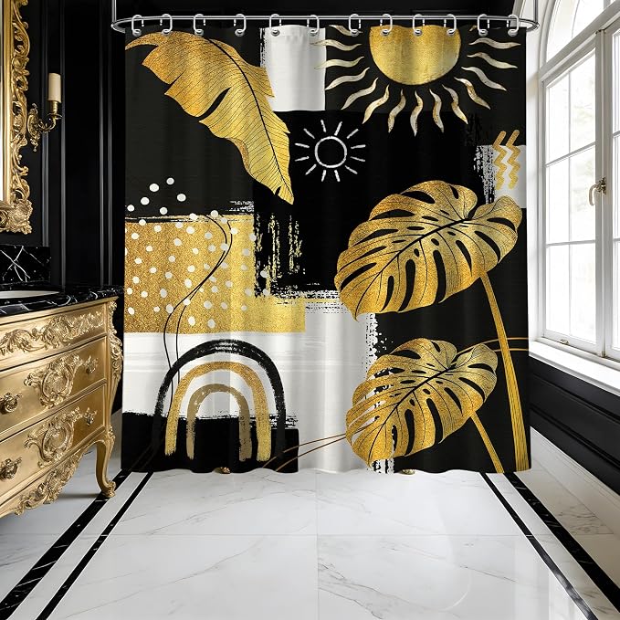 Small Stall Narrow Black and Gold Shower Curtain Boho Stand Up Abstract Dark Mens Shower Curtains for Rv Camper Bathroom Decor Sets, Waterproof Cloth Fabric with Hooks, 36 x 72 Inch