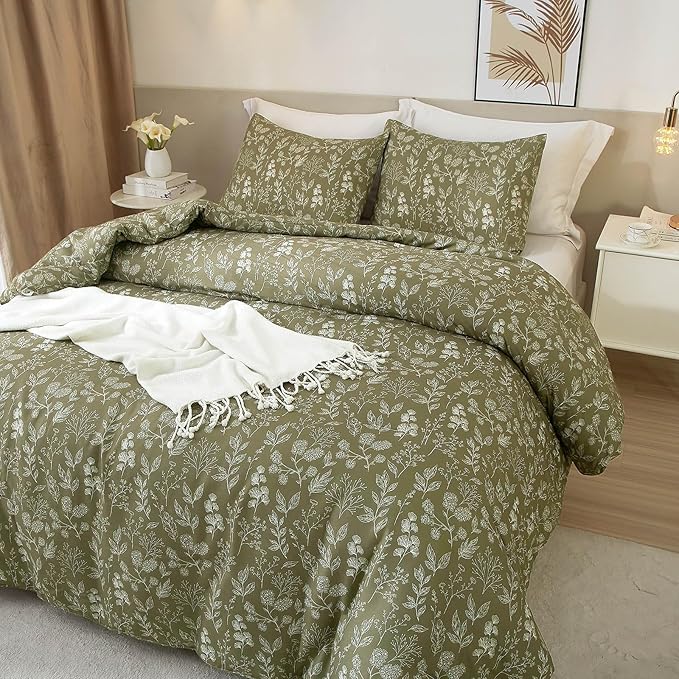 EAVD Girls Olive Green Floral Duvet Cover Twin Soft Cotton Chic Shabby Garden Floral Botanical Bedding Set with 2 Pillowcases Reversible Vintage Floral Botanical Duvet Cover with Zipper Closure
