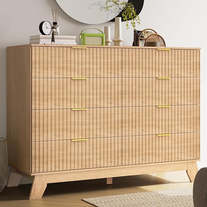HUANLEGO Fluted Dresser for Bedroom, 8 Drawer Dressers & Chest of Drawers, Mid Century Modern Dresser for Closet Boho Bedroom Furniture, Nature Wood Chest of Drawers Storage Organizer for Living Room