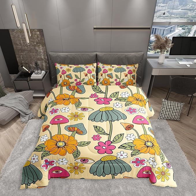 Castle Fairy 70s Retro Floral Bedding Comforters King Size,Hippie Flowers Leaves Comforter Set for Children Xmas Gift,Cartoon Eyes Mushroom Quilt Set Bedroom Decor, 2 Pillowcases