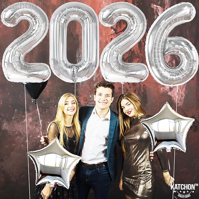 Katchon, Giant 2026 Balloons silver - 42 Inch | New Year Decorations 2026 | Star Foil Balloons for 2026 New Year Party Decorations