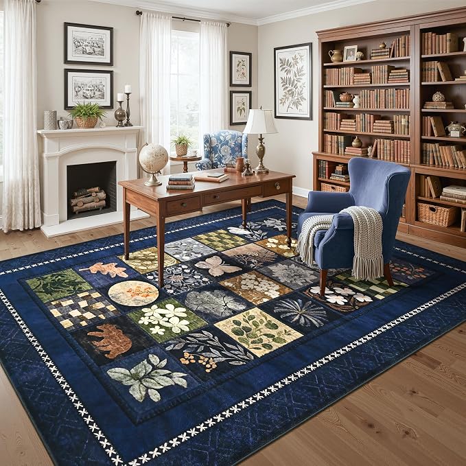 Tepook 8x10 Area Rugs for Living Room, Modern Large Geometric Rug for Bedroom, Washable Patchwork Rug Indoor Non Slip Throw Carpets for Dining Room Office Farmhouse Home Decor, Navy Blue