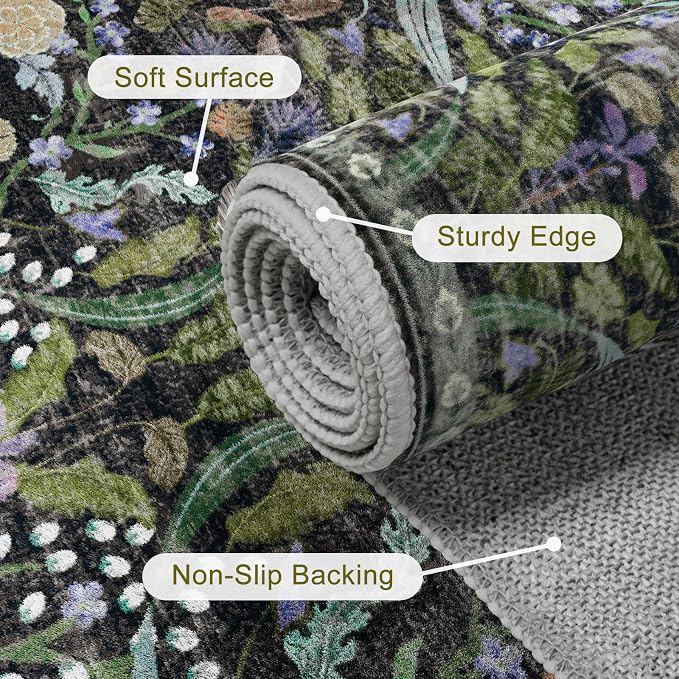 AMTOVO 2.7x8 Runner Rug for Hallway, Washable Non-Slip Long Kitchen Carpet, Floral Vintage Distressed Floor Mat for Hallways Entryway Living Room Laundry Room Bathroom Farmhouse, Black