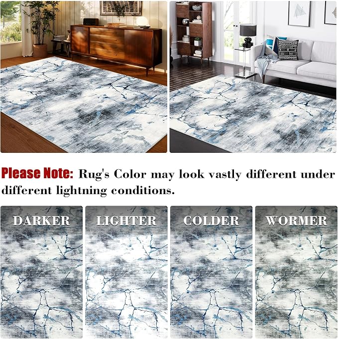 Area Rug 5x7 Washable Modern Abstract Rug for Living Room Water Ink Abstract Small Accent Carpets Low Pile Soft Bedroom Floor Covers Non Shedding Office Carpet Mat for Porch Kitchen， Blue