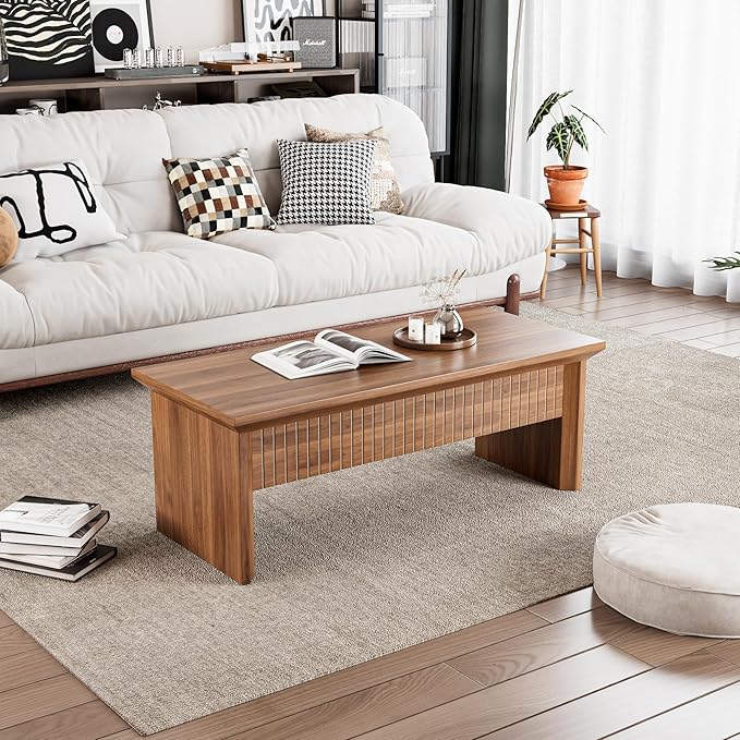 Lift Top Coffee Table with Storage, Mid Century Modern Coffee Table with Hidden Compartment, Fluted Wood Rectangle Center Table for Living Room, Home Office, Walnut (Walnut, 42.5" W)