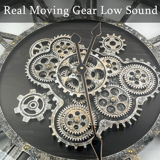 24 Inch Moving Gear Wall Clock, Oversized Wall Clocks, Clock Living Room Decor, Solid Wood Frame, Battery Operated, Large Wall Clock with Steampunk Industrial for Fireplace(Black)