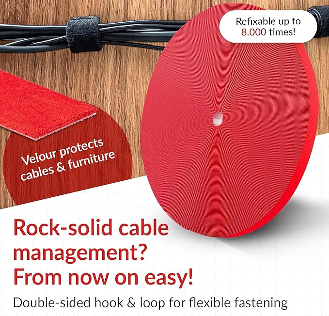Label-the-cable Cable Management Ties Tape, Adjustable, Re-Useable/Cable Tidy/Hook and Loop Cord Organizer, Wire Management/PRO ROLL, 25m x 16mm, Red, PRO 1250