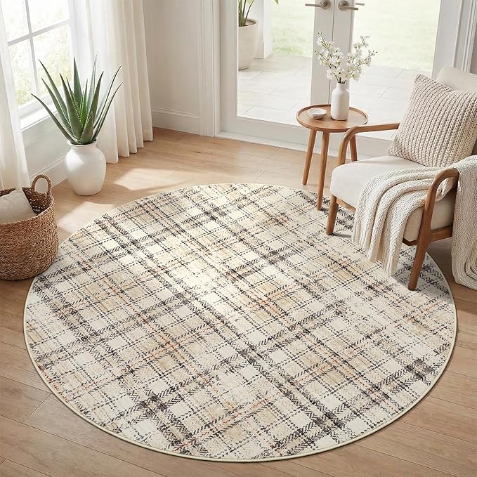 Tartan Plaid Round Washable Rug, Soft Modern Round Rugs 5ft Circle Carpets for Bedroom Ultra-Thin, Boho Beige Print Circular Carpet for Living Room Dorm Bedside, Beige