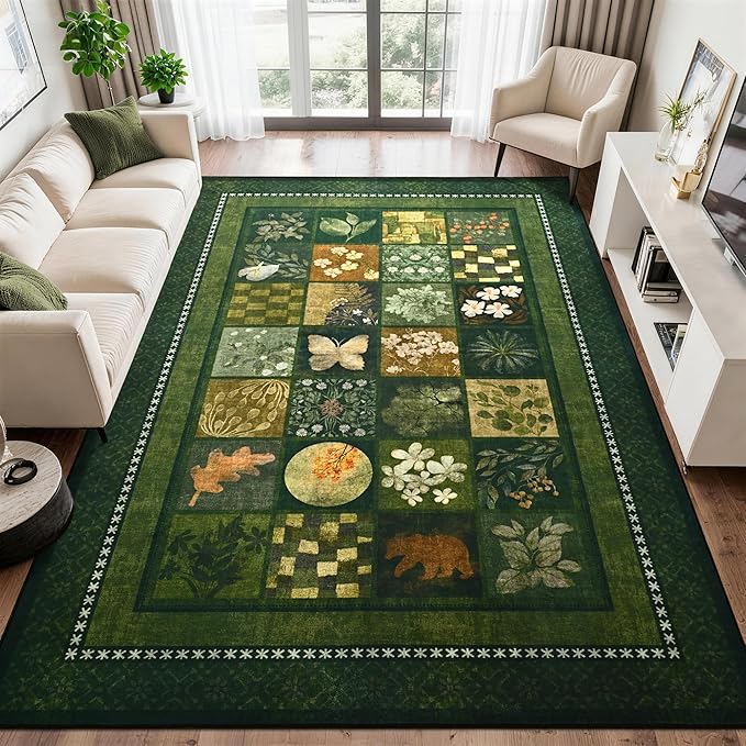 Tepook 4x6 Area Rugs for Living Room, Modern Large Geometric Rug for Bedroom, Washable Patchwork Rug Indoor Non Slip Throw Carpets for Dining Room Office Farmhouse Home Decor, Dark Green