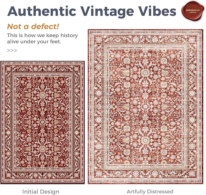 OPPODREAM Vintage Red Round Rug 5ft, 5 ft Retro Washable Circle Rug Non Slip, Low-Pile Faux Wool Circular Carpet, Distressed Floor Mat for Living Room, Bedroom, Office, Dorm, Dinning Room