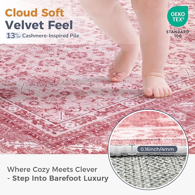 OPPODREAM Vintage Pink 3x10 Runner Rug, 3 x 10 Retro Washable Rug Non Slip, Low-Pile Faux Wool Carpet, Distressed Floor Mat for Kitchen, Hallway, Entry-Way, Entrance, Indoor Back Door