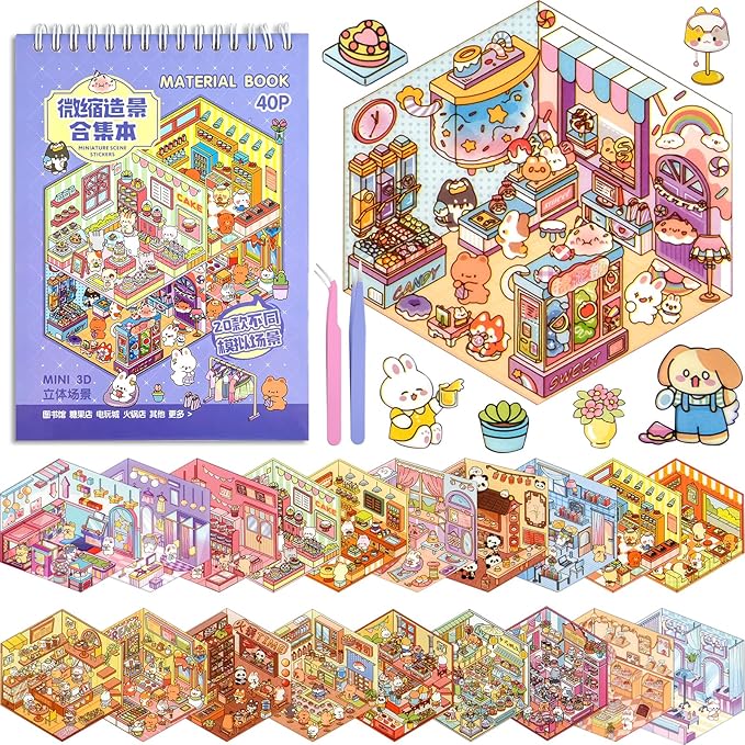 ASTARON 20 Sets DIY 3D Sticker Scene Book Sticker Therapy for Adults, Make Your Own Mini Cozy Shop House Room Stickers Cute Cartoon Miniature Stickers for Girls, Relief Stress Pass The Time