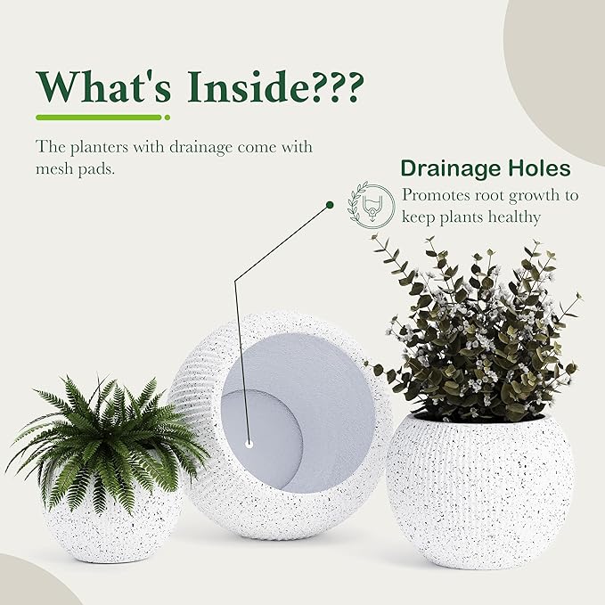DTY Signature Mount Sherman Modern Indoor Outdoor Fiberstone Sphere Planter, Durable Round Garden Pot, Weather Resistant, Drainage Hole & Rubber Plug,Planter for Christmas Tree (Ribbed White, Medium)