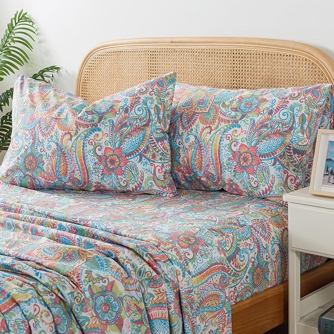 Zusbest King Size Sheets 100% Cotton Pink Green Paisley Floral Bed Sheet Set Watercolor Bedding Luxury Soft Breathable Crispy Cooling Percale Printed Sheet 17.5 Inches Deep Pocket Bed Set King, 4Pcs