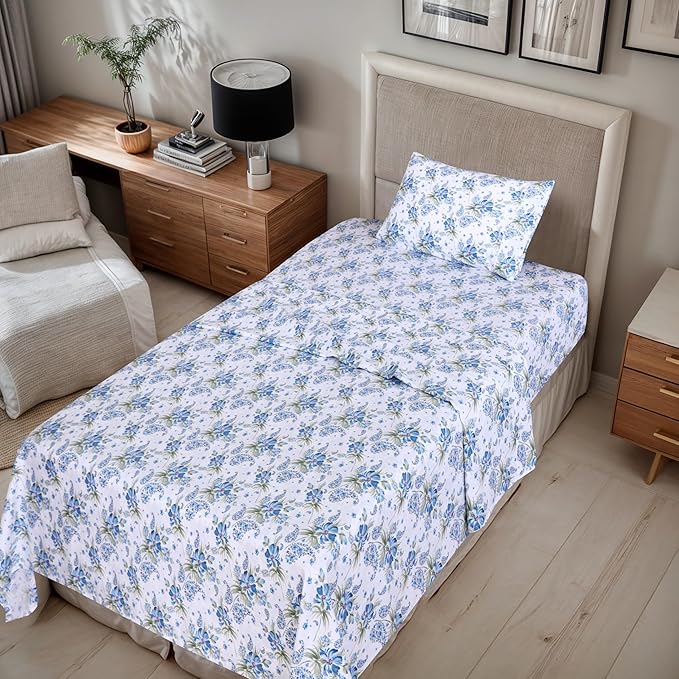 RUVANTI 100% Cotton Twin Sheets Set, 3 Pieces, Soft & Breathable Percale Weave Bedding, Deep Pocket 16", Hotel Standard, Crisp Cool Feel, Durable, Perfect Floral Bed Sheet, Paislyona