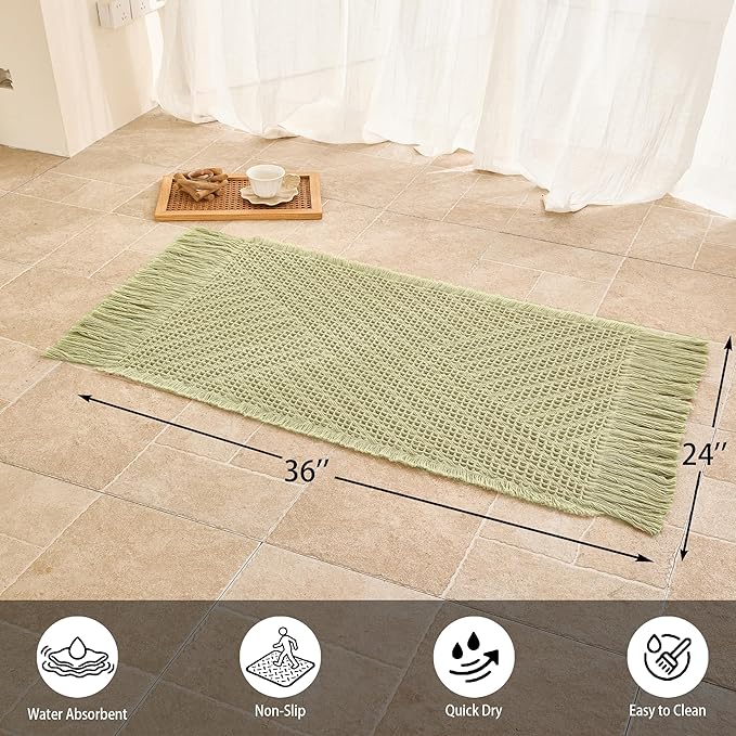 Waffle Bath Mat Non Slip, Boho Bathroom Rug, Super Absorbent Quick Dry Bathroom Mat, Soft Farmhouse Bath Rug with Tassels, Small Washable Shower Mats for Floor 24"x36", Tassels Sage Green