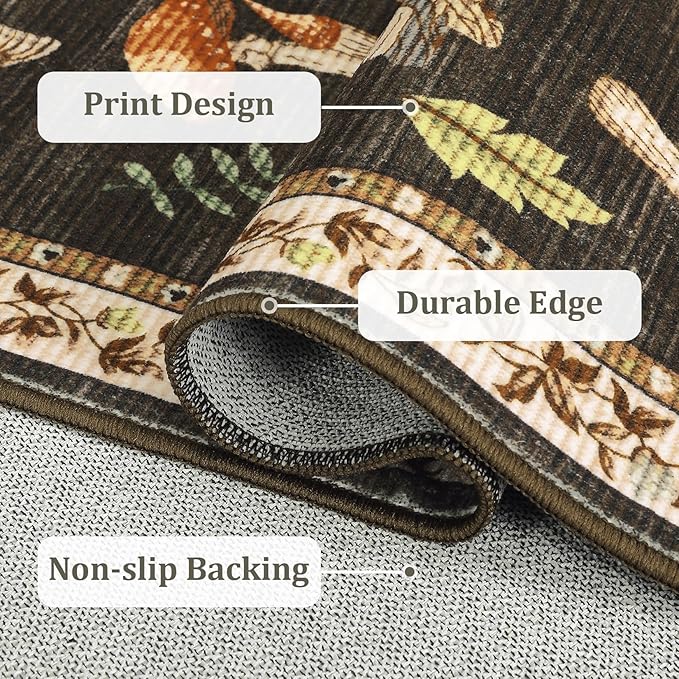 Washable 2x6 Vintage Runners for Hallway Entryway Retro Distressed Kitchen Carpet Runner Low Pile Soft Bedside Boho Carpet Non Slip Bath Rug Mushroom Floral Accent Carpets, Brown