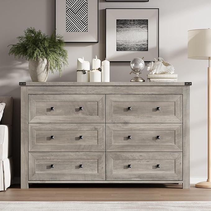 BORNOON 6-Drawer Dresser, Modern Wooden Storage Chest of Drawers, Dresser TV Stand, Wood Drawer Organizer with Metal Handles for Bedroom, Living Room, Hallway