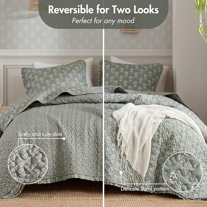 Madison Park Vintage Floral Quilt Set Queen Size, Reversible Bedding & Lightweight Bedspread Set, Traditional Block Print Coverlets with Ruffled Edge, 3-Piece with 2 Shams, Sage Green