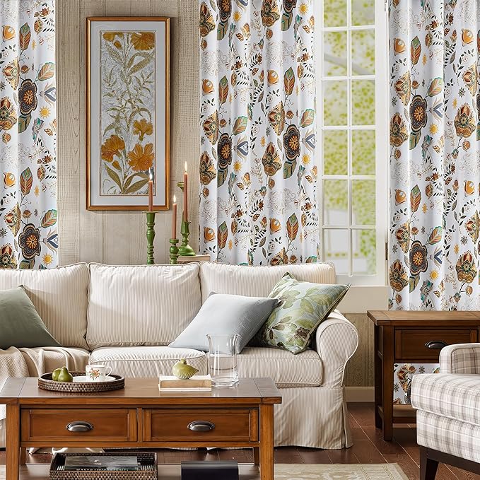 XiDi Extra Long Blackout Floral Curtains 108 Inches Long 2 Panels for Bedroom Living Room Thermal Insulated Luxury Colorful Curtains Vintage Patterned Botanical Printed Grommet Drapes White 52x108