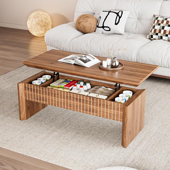Lift Top Coffee Table with Storage, Mid Century Modern Coffee Table with Hidden Compartment, Fluted Wood Rectangle Center Table for Living Room, Home Office, Walnut (Walnut, 42.5" W)