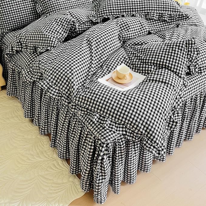 LifeTB Twin XL Comforter Set Black Gingham Comforter with 2 Pillowcases Vintage Ruffle Plaid Comforter Set Grid Bedding Checkered Pattern Comforter Fluffy Soft Plaid Gingham Bedding Set Twin XL