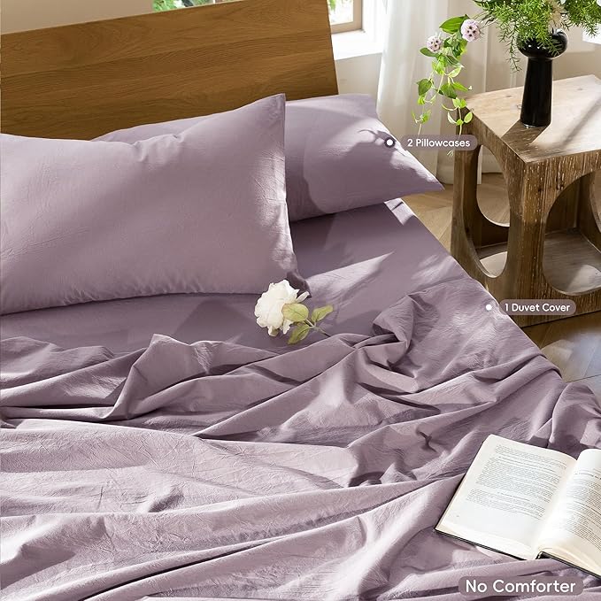 MooMee Bedding Duvet Cover Set 100% Washed Cotton Linen Like Textured Breathable Durable Soft Comfy (Solid Taro Purple, Super King Plus 120"x120")