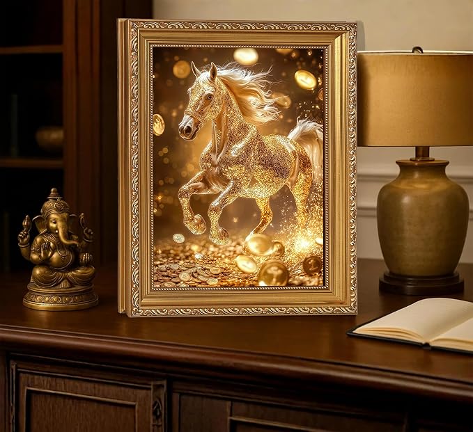 Vintage Gold Framed Gold Horse wall art Golden Money and Horse Wall Decor Wealth and Horses print artwork for office Business People Living Room home decor 16X24in