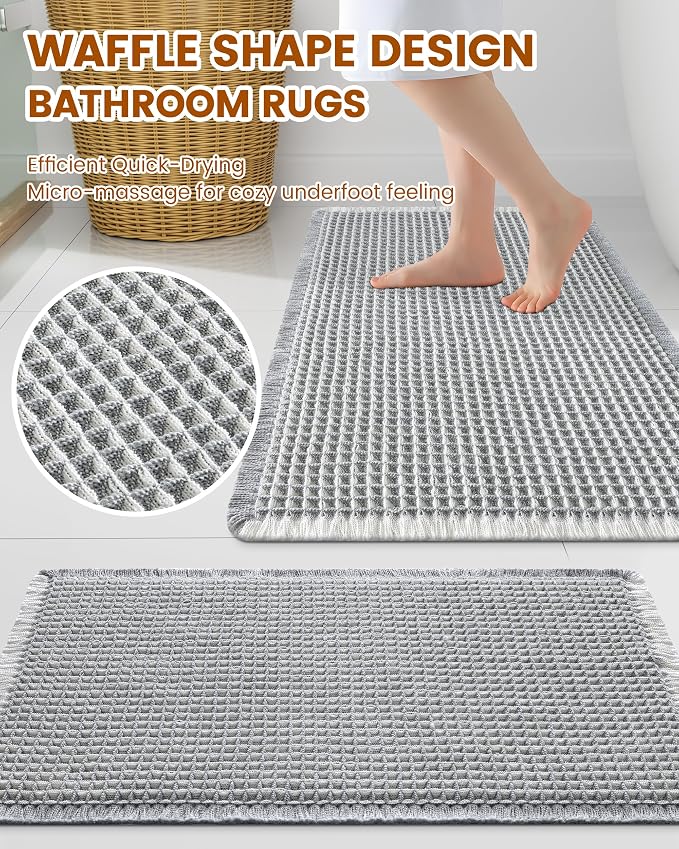 Smiry Waffle Bath Mat 24x16, Extra Soft Absorbent Bathroom Rugs, Non Slip Machine Washable Quick Dry Bath Rugs for Bathroom Floor, Tub, Shower, Home Decor Accessories, Lightgrey & Cream