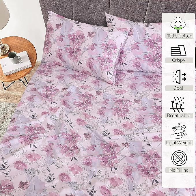 Ruvanti 100% Cotton Bed Sheets, 4 Pcs Bed Sets, Lilac Floral Print Full Size Sheets Set, Soft, Breathable, Deep Pocket Sheets, Cooling Bedding Sheets Set Include 1 Flat, 1 Fitted Sheet, 2 Pillowcases.