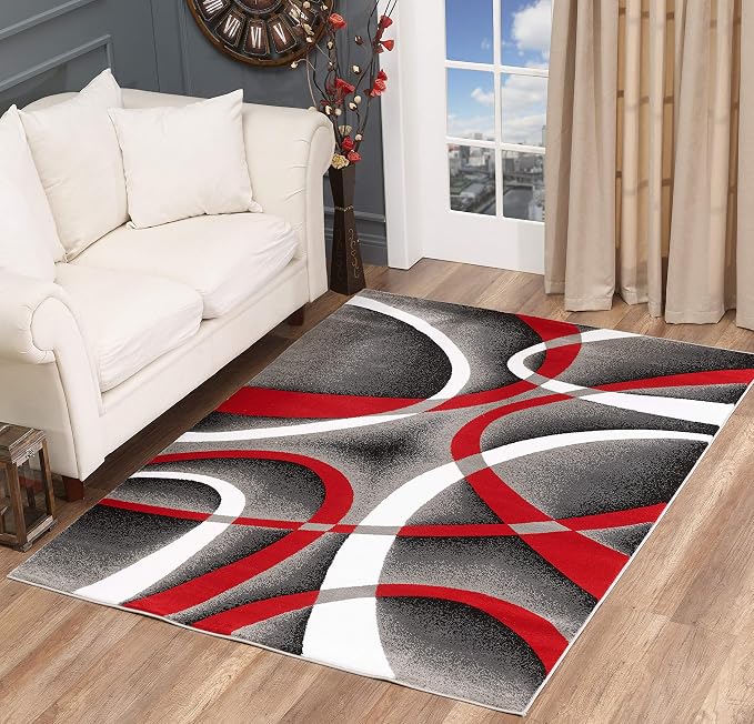 GLORY RUGS Modern Area Rug 5x7 Red Swirls Carpet Bedroom Living Room Contemporary Dining Accent Sevilla Collection 4816A (Grey Red)