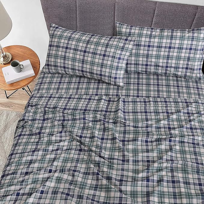RUVANTI 100% Cotton Twin XL Sheet Sets, 3 Pieces, Soft & Breathable Percale Weave Bedding, Deep Pocket 16", Hotel Standard, Crisp Cool Feel, Durable, Perfect Size Plaid Sheets, Greenish Blue Plaid