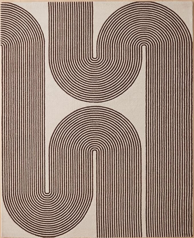 Modern Handmade Wool Area Rug, Abstract Curved Line Geometric Indoor Carpet for Living Room Bedroom, Contemporary Tufted Rug with Soft Pile and Cotton Backing (Cocoa Brown, 3' x 5')