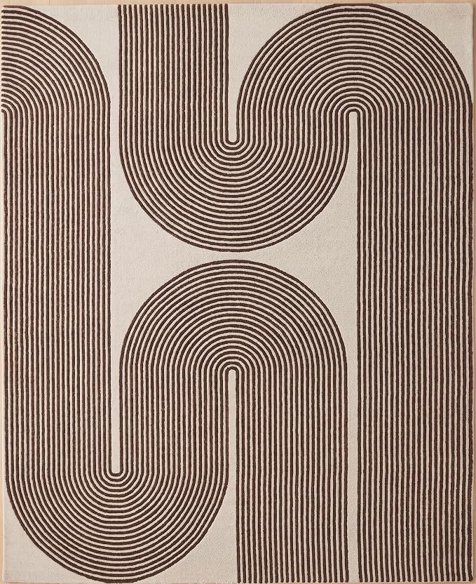 Modern Handmade Wool Area Rug, Abstract Curved Line Geometric Indoor Carpet for Living Room Bedroom, Contemporary Tufted Rug with Soft Pile and Cotton Backing (Cocoa Brown, 4' x 6')
