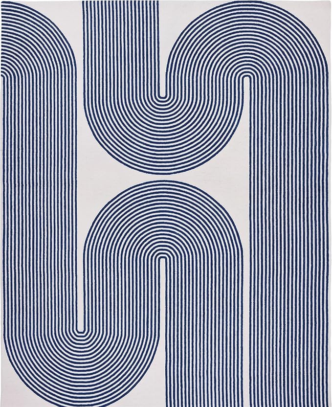 Modern Handmade Wool Area Rug, Abstract Curved Line Geometric Indoor Carpet for Living Room Bedroom, Contemporary Tufted Rug with Soft Pile and Cotton Backing (Royal Blue, 4' x 6')