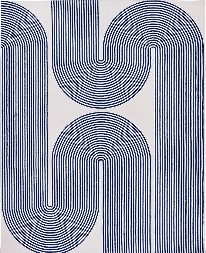 Modern Handmade Wool Area Rug, Abstract Curved Line Geometric Indoor Carpet for Living Room Bedroom, Contemporary Tufted Rug with Soft Pile and Cotton Backing (Royal Blue, 6' x 8')
