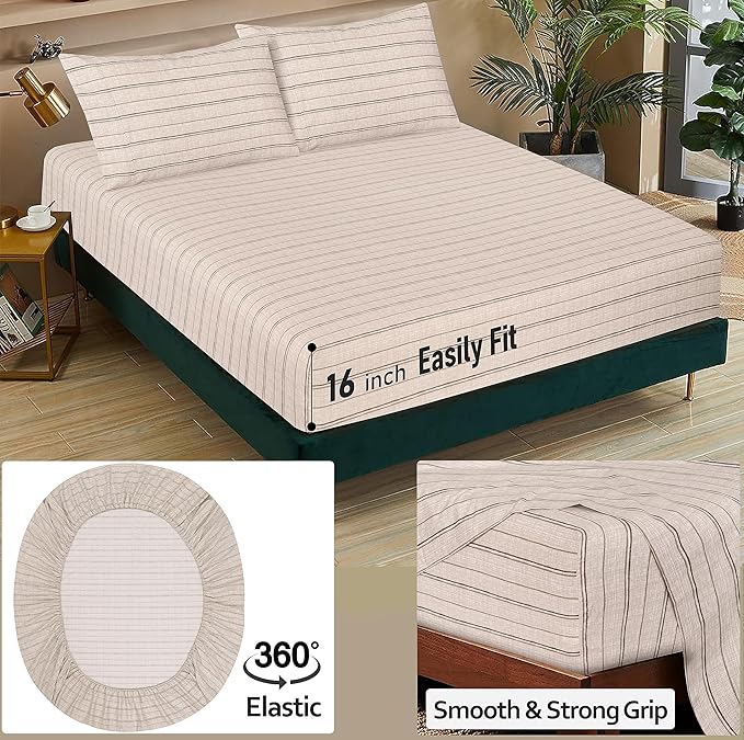 RUVANTI 100% Cotton Full Size Bed Sheets, 4 Pieces, Soft & Breathable Percale Weave Bedding, Deep Pocket 16", Hotel Standard, Crisp Cool Feel, Durable, Perfect Sheet Set Striped, Brown Stripes