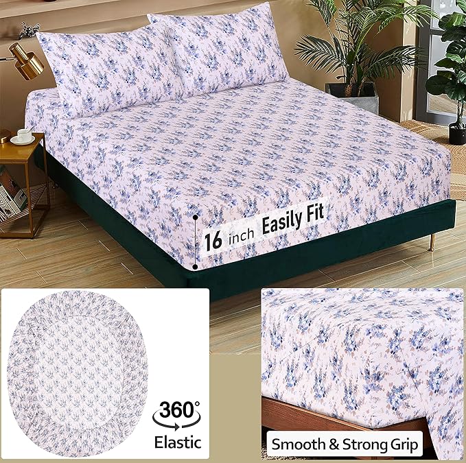 RUVANTI 100% Cotton Full Size Bed Sheets, 4 Pieces, Soft & Breathable Percale Weave Bedding, Deep Pocket 16", Hotel Standard, Crisp Cool Feel, Durable, Perfect Sheet Set Floral, Maple