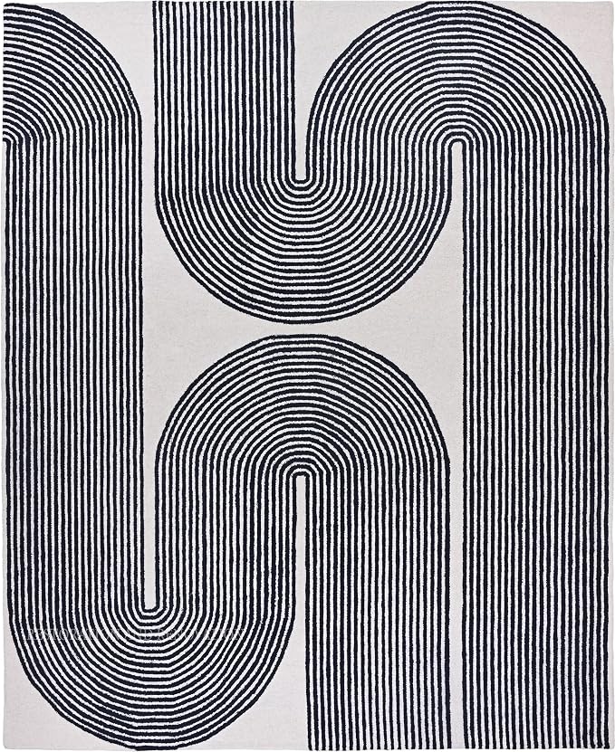 Modern Handmade Wool Area Rug, Abstract Curved Line Geometric Carpet for Living Room Bedroom, Contemporary Tufted Indoor Rug with Soft Pile and Cotton Backing (Ink, 8' x 10')