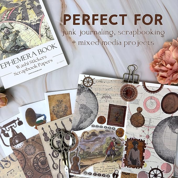 Fayware 411 Vintage Washi Stickers & 20 Scrapbook Papers Ephemera for Junk Journals & Scrapbooking