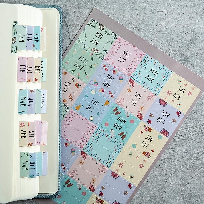 DiverseBee Laminated Planner Monthly Tabs, 24 Peel and Stick Tabs for Notebooks (12 Month Tabs and 12 Blank Tabs), Calendar Monthly Tab Stickers/Dividers (Assorted), Medium