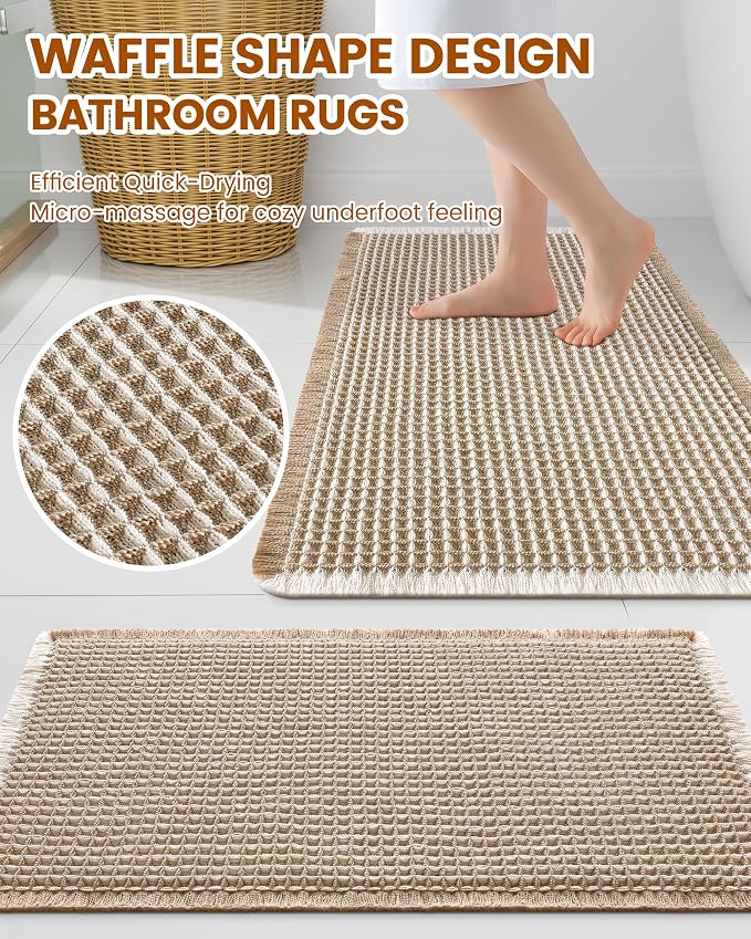 Smiry Waffle Bath Mat 47x24, Extra Soft Absorbent Bathroom Rugs, Non Slip Machine Washable Quick Dry Bath Rugs for Bathroom Floor, Tub, Shower, Home Decor Accessories, Brown & Cream