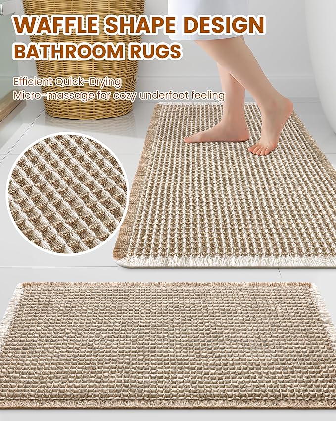 Smiry Waffle Bath Mat 30x20, Extra Soft Absorbent Bathroom Rugs, Non Slip Machine Washable Quick Dry Bath Rugs for Bathroom Floor, Tub, Shower, Home Decor Accessories, Brown & Cream