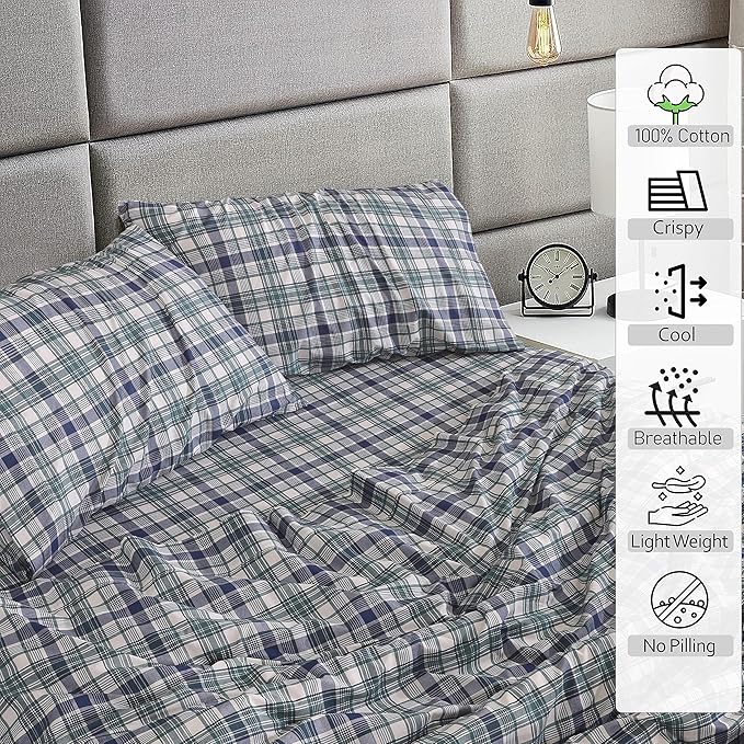 RUVANTI 100% Cotton Twin XL Sheet Sets, 3 Pieces, Soft & Breathable Percale Weave Bedding, Deep Pocket 16", Hotel Standard, Crisp Cool Feel, Durable, Perfect Size Plaid Sheets, Greenish Blue Plaid
