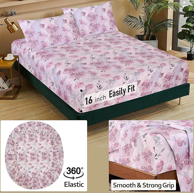 RUVANTI 100% Cotton Sheets Queen Size Set, 4 Pieces, Soft & Breathable Percale Weave Bedding, Deep Pocket 16", Hotel Standard, Crisp Cool Feeling, Durable, Perfect Floral Bed Sheet, Lilac Floral