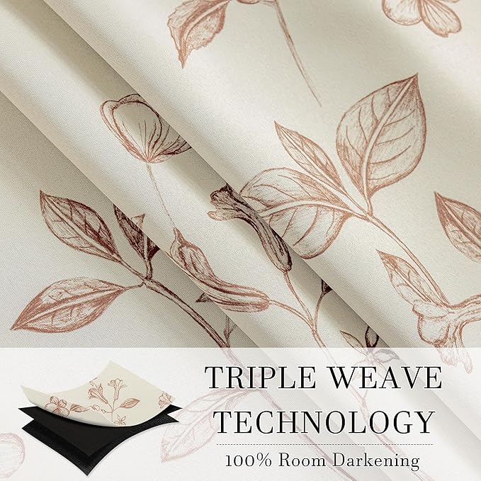 ChrisDowa Beige 100% Blackout Floral Curtains 96 Inches Long 2 Panels for Bedroom Living Room Brown Flower Patterned Room Darkening Thermal Insulated Soundproof Grommet Window Treatments Drapes,52X96