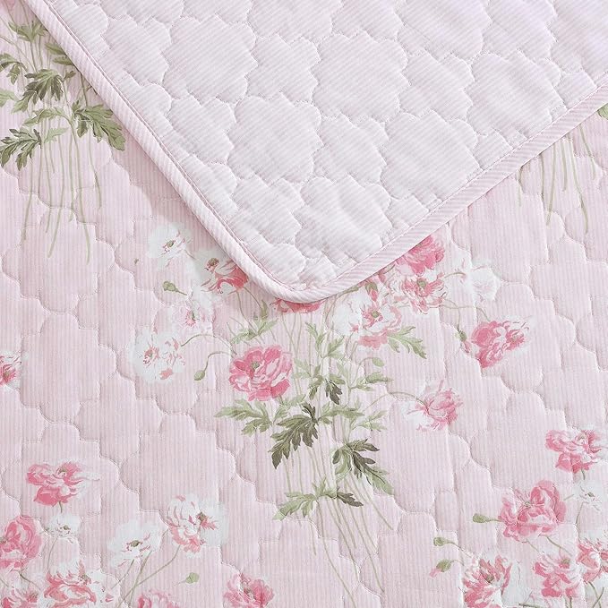 Laura Ashley - King Quilt Set, Reversible Premium Bedding with Matching Shams, Coquette Room Decor (Veronicas Bouquet Pink, King)