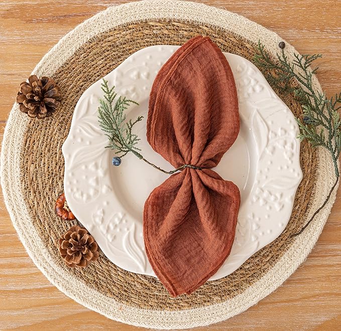 Cheesecloth Napkins 17x17 Inches Cloth Napkins Reusable Handmade Washable for Lunch Dinner Wedding Baby Shower Bridal Shower Party Rustic Boho Decorations Bulk Set of 6 Terracotta
