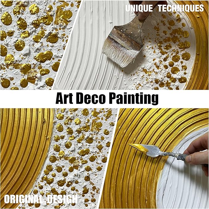 Abstract Circle Hand Painted Wall Art for Office White and Gold Pictures Wall Decor for Bedroom Extra Large Wall Art for Living Room Size 36 x 72 Inch