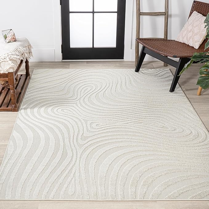JONATHAN Y Maribo High-Low Abstract Striped Cream/Ivory 10x14 Indoor/Outdoor Area Rug, Pet Friendly, Non-Shedding, Stain Resistant, Easy-Cleaning for Backyard, Patio (SCN103A-14)